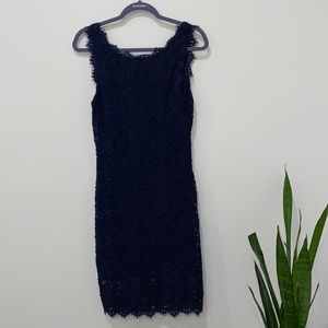 Navy blue lace body con midi dress